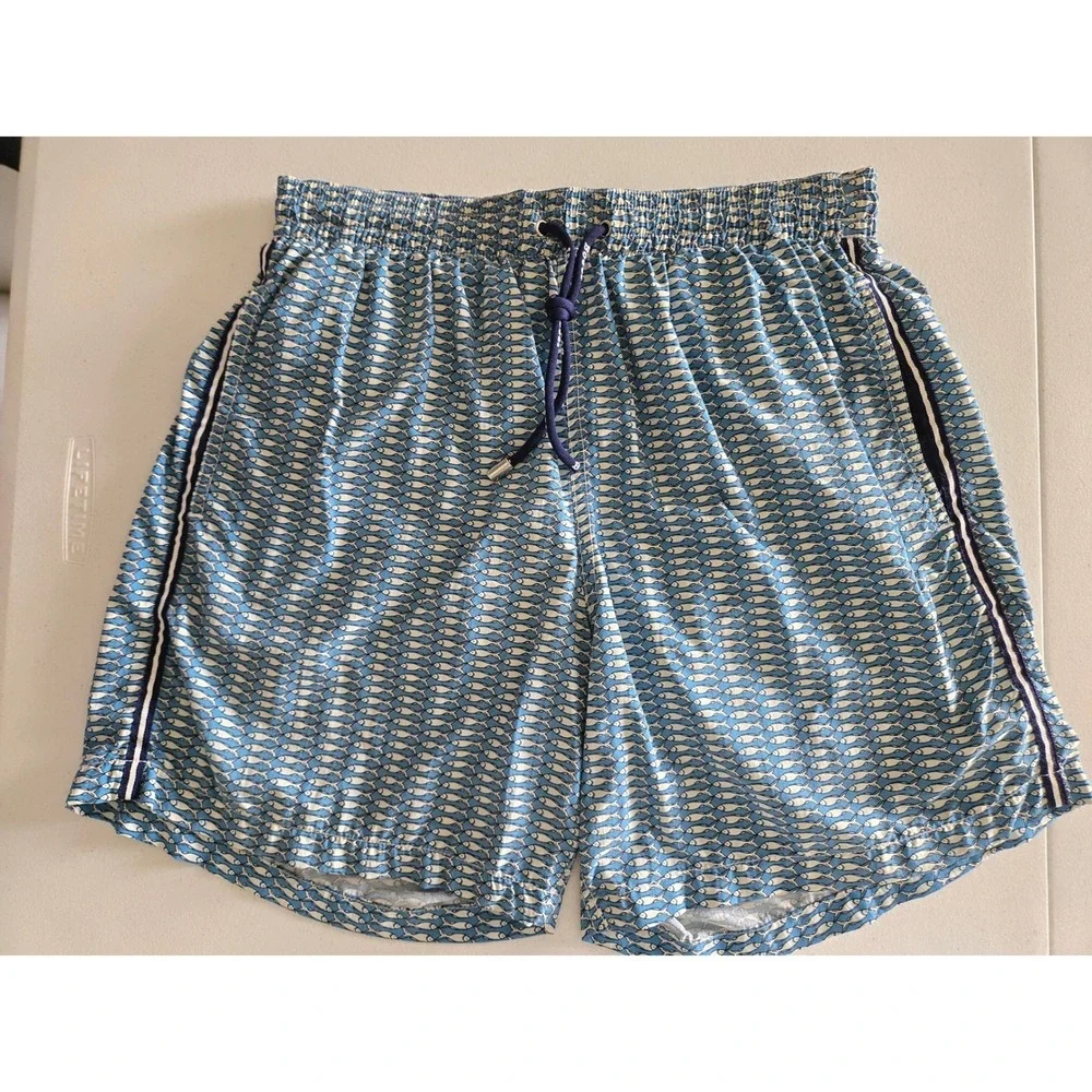 Boggi Milano Mens Blue Fish Print Swim Trunks Made in Italy Size M Mesh Lined‎